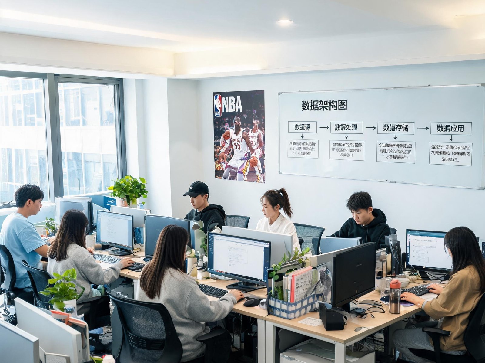 一个明亮的开放式办公室里，六位年轻人在电脑前工作，墙上贴着NBA海报和白板，白板上写着数据架构图