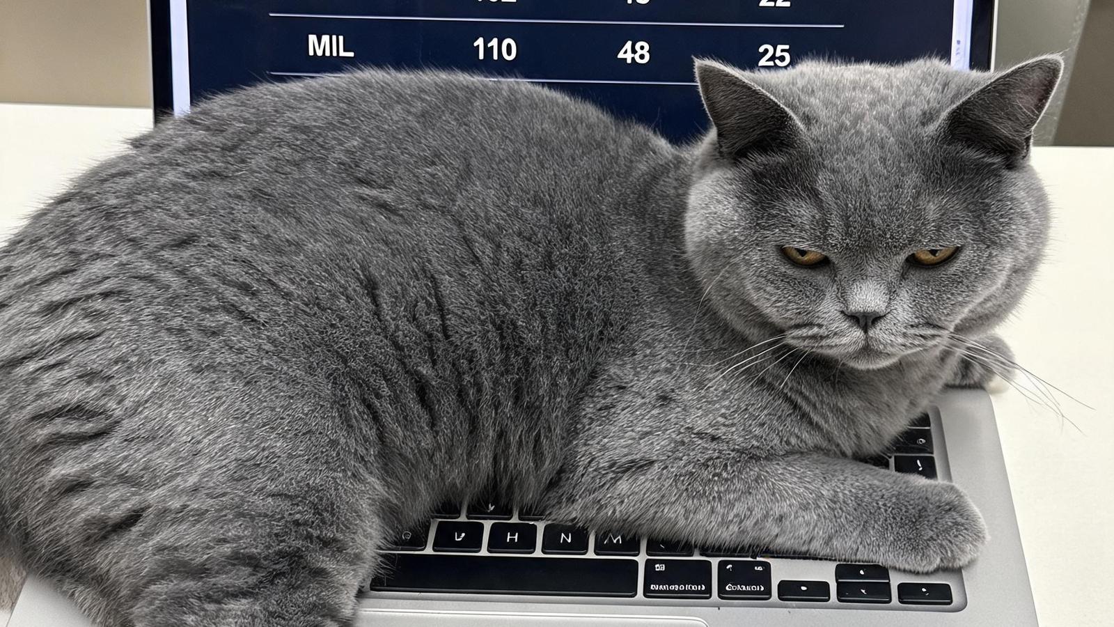 一只灰色的英短蓝猫趴在键盘上，屏幕显示NBA数据面板，猫咪表情淡定