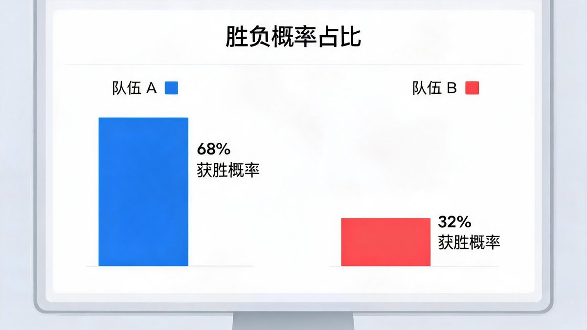 电脑屏幕上显示AI预测模型界面，包含概率柱和胜负百分比