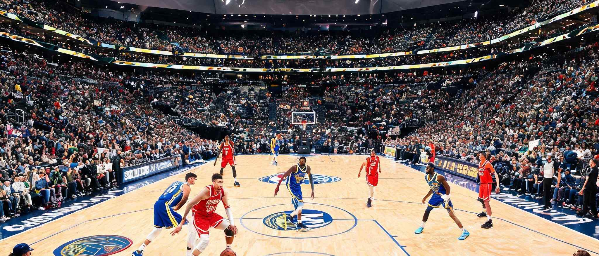 NBA季后赛两支球队在球馆内激烈对抗，球馆灯光璀璨，观众席座无虚席