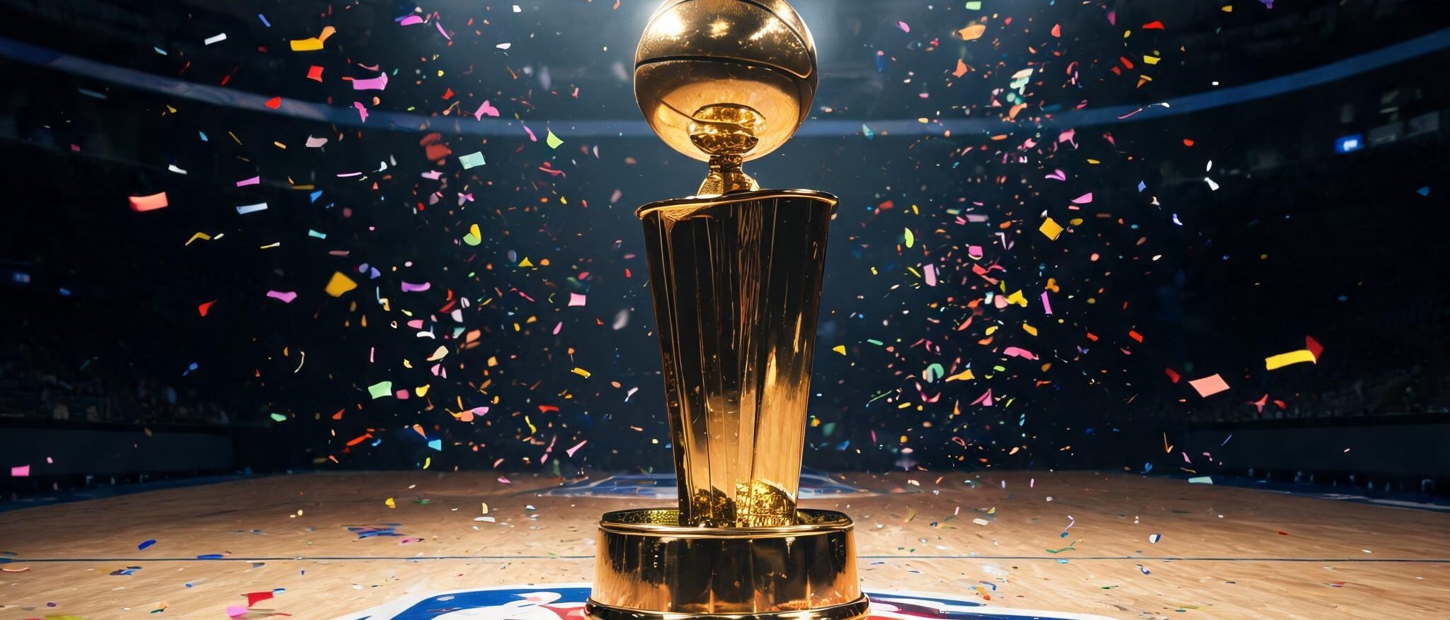 金色的NBA总冠军奖杯放置在球场中央，聚光灯照射，四周飘落五彩纸屑