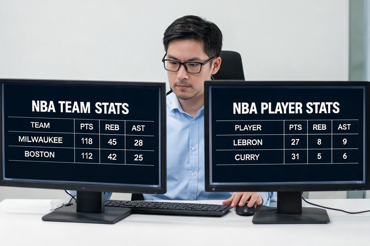一位戴眼镜的男性数据专家，面前放着两台显示器，屏幕上显示NBA数据表格